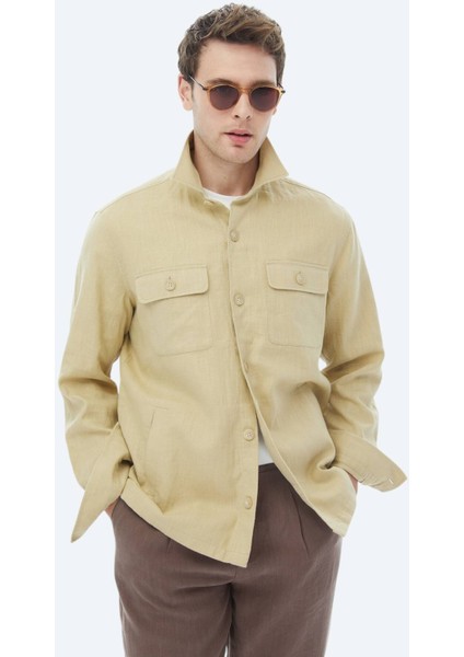 Yağ Yeşili Düz Regular Fit Dokuma Overshırt