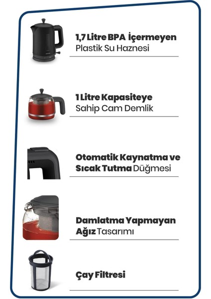 Siyah Cam Demlikli Çay ve Su Isıtıcı Seti, Sağlıklı ve Şık Tasarım