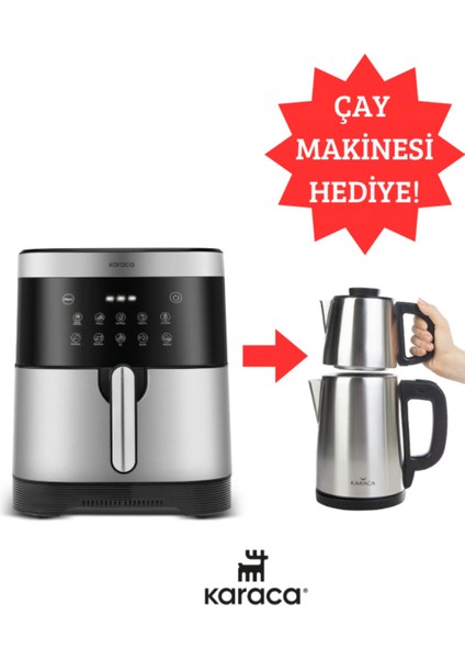 8 Kişilik Aile Boyu, 10 Fonksiyonlu Premium Hava Fritöz ve Çay Makinesi Hediye