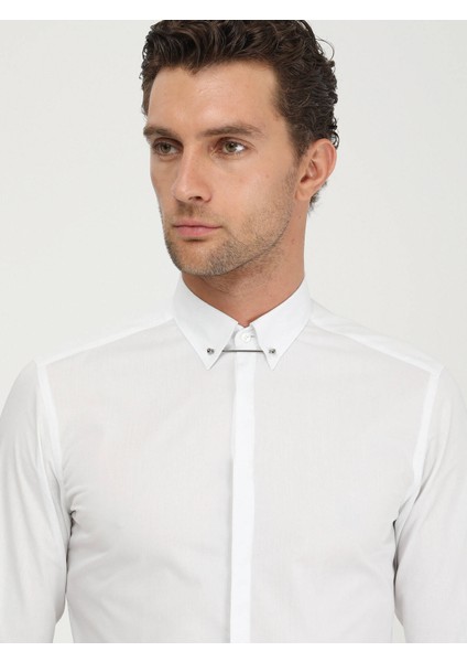 Beyaz Düz Slim Fit Düz Manşet Klasik Yaka Smokin Gömlek