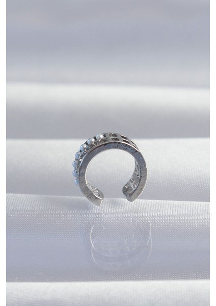 Pirinç Gümüş Renk Incili Baget Taşlı Earcuff Küpe - Lisinya