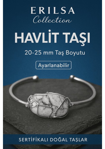 Sertifikalı Doğal Havlit Taşı Gümüş Kaplama Ayarlanabilir Bileklik – Sakinlik ve Huzur