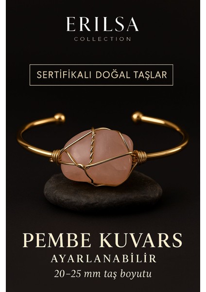Sertifikalı Doğal Pembe Kuvars Taşı Ayarlanabilir 24K Altın Kaplama Bileklik – 20-25 mm