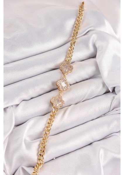 Pirinç Zirkon Taşlı Yonca Model Gold Renk Kadın Bileklik - Lisinya