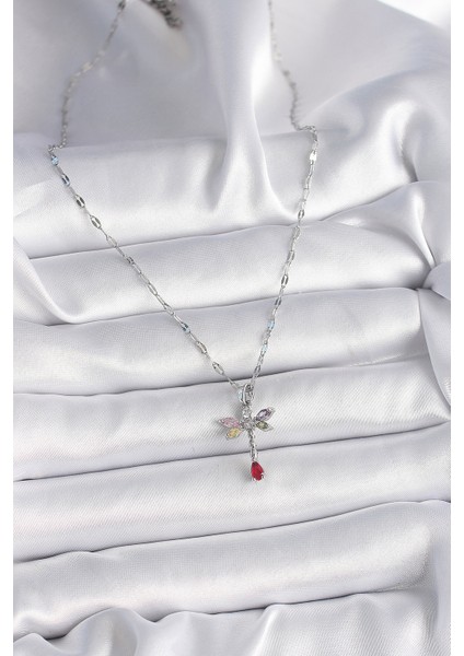 316L Çelik Gümüş Renk Zincir Renkli Zirkon Taşlı Yusufçuk Model Kadın Kolye - Lisinya