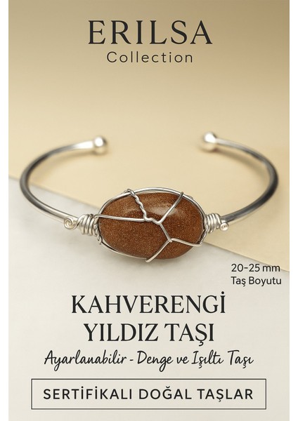 Sertifikalı Doğal Kahverengi Yıldız Taşı Ayarlanabilir Gümüş Kaplama Bileklik 20-25 mm