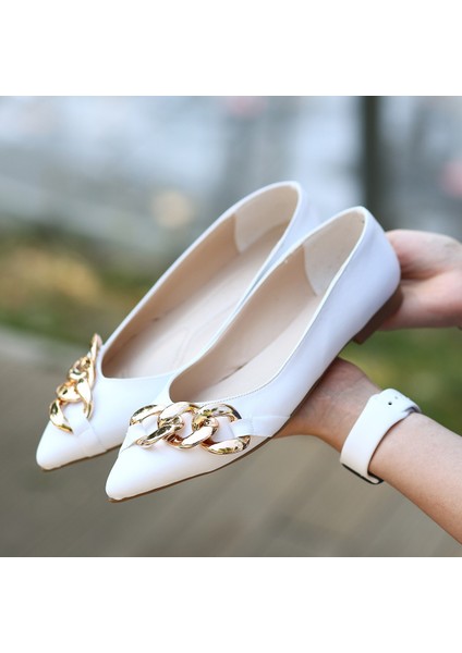 Popi Beyaz Cilt Zincirli Babet Ayakkabı - Lisinya fırsatları