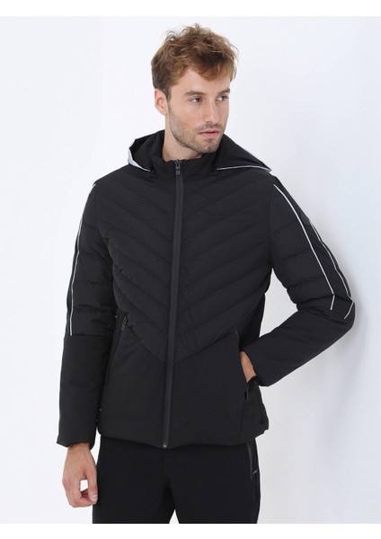 Siyah Regular Fit Kapüşonlu Casual Dokuma Mont
