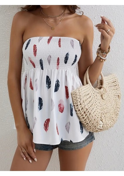 Kadın Yaprak Desenli Göğsü Gipeli Mosskrep Straplez Bluz