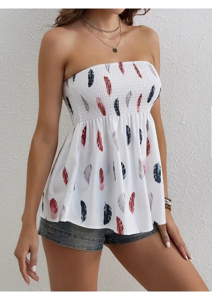 Kadın Yaprak Desenli Göğsü Gipeli Mosskrep Straplez Bluz