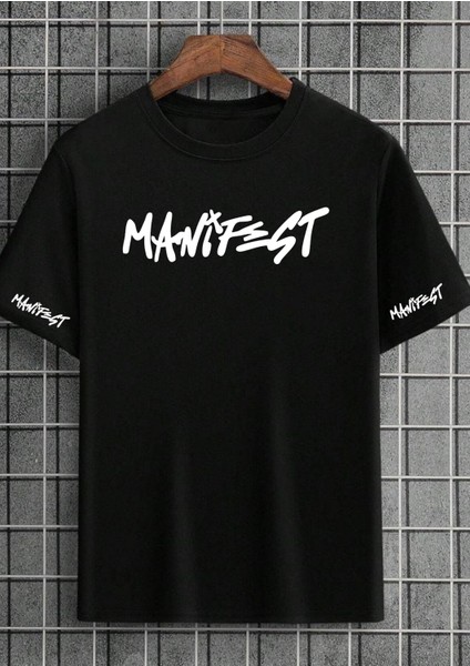 Manifest Grub Tasarımlı Manifest Yazılı Premium Baskı Kalın Kışlık %100 Pamuk Siyah Tişört