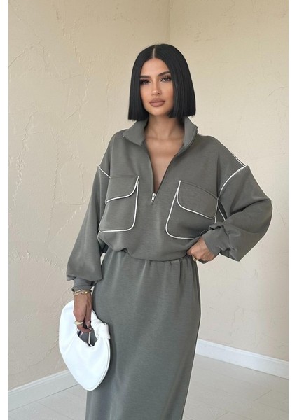 Haki Biyeli Sweatshirt ve Etek Takım