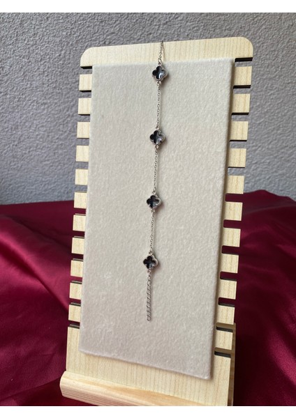 Kararmaz Çelik Siyah Yonca Gümüş Bileklik