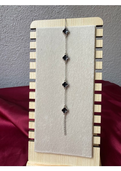 Kararmaz Çelik Siyah Yonca Gümüş Bileklik