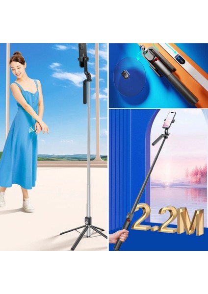 Kumandalı 360 Derece Dönebilen Cep Telefonu ve Kamera Tripodu 2.2m Uzayabilen Selfie Çubuğu ( Lisinya ) fiyatları