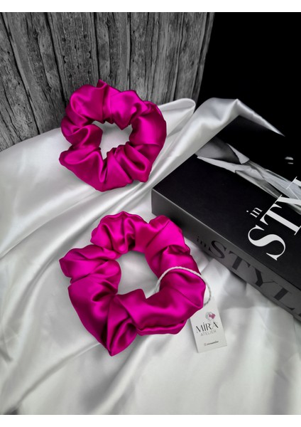 2'li Lüks Kadın Saten Toka - Büyülü Fuşya - Lastik Model Scrunchie - Anne Kız Kombini fiyatları