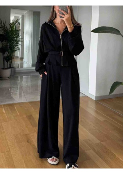 Kadın Siyah Geniş Paçalı Pantolon Kemerli Ceket Model Takı