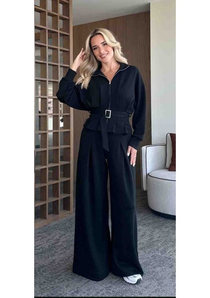 Kadın Siyah Geniş Paçalı Pantolon Kemerli Ceket Model Takı fırsatları