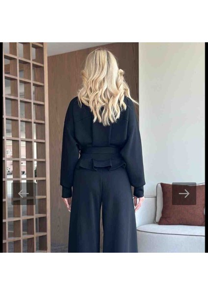 Kadın Siyah Geniş Paçalı Pantolon Kemerli Ceket Model Takı indirimleri