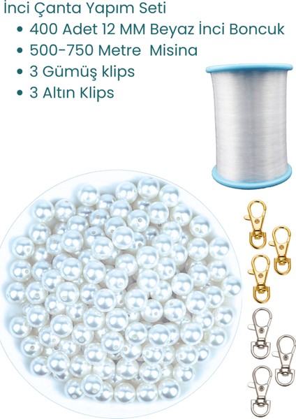Inci Boncuk Çanta Yapım Seti 12 mm , Inci Çanta Misinası, Metal Çanta Klipsi -12MM Beyaz Boncuk Seti