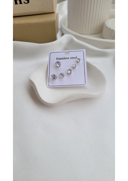 Çelik Çoklu Taşlı Küpe Seti