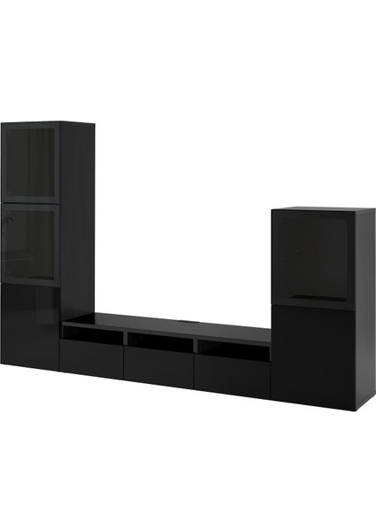 Tv Ünitesi, Venge-Parlak Cila-Siyah-Füme Cam, 300X42X193 Cm, Selsvıken/glassvık, Çıt Çıt Raylı