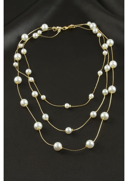 Zengezur Yuvarlak Inci Üçlü Kolye-Sarı