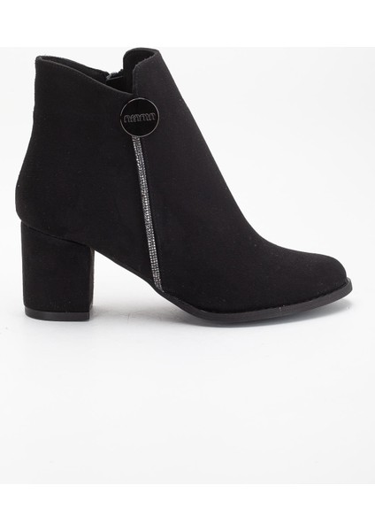 Siyah Kadın Topuklu Bot Süet Taş Detaylı Yuvarlak Burun modelleri