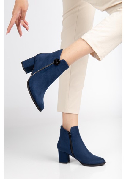 Lacivert Kadın Topuklu Bot Süet Taş Detaylı Yuvarlak Burun fiyatları