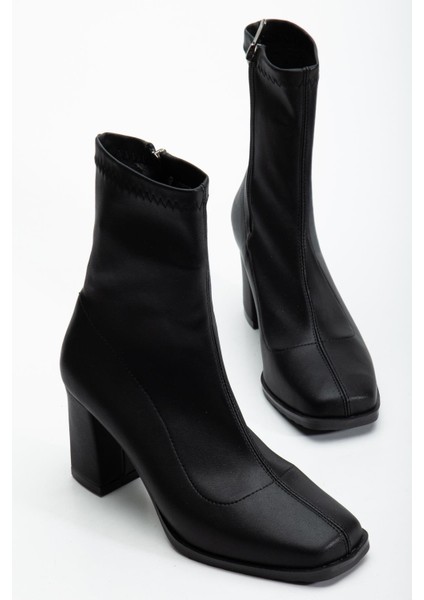 Siyah Kadın Topuklu Bot Streç Suni Deri Küt Burunlu Kalın Topuklu fiyatları