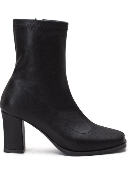 Siyah Kadın Topuklu Bot Streç Suni Deri Küt Burunlu Kalın Topuklu modelleri