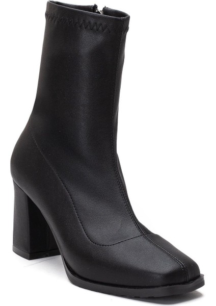 Siyah Kadın Topuklu Bot Streç Suni Deri Küt Burunlu Kalın Topuklu fırsatları