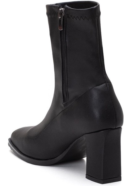 Siyah Kadın Topuklu Bot Streç Suni Deri Küt Burunlu Kalın Topuklu indirimleri