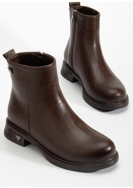 Kadın Bot Kahve Suni Deri Kauçuk Taban Yüzüdüz
