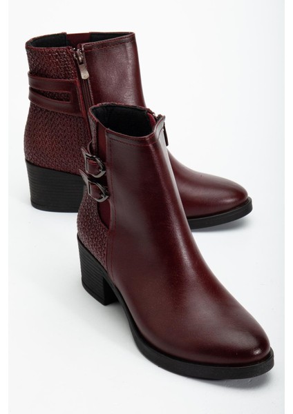 Bordo Kadın Topuklu Bot Hasır Detaylı Suni Deri Tokalı