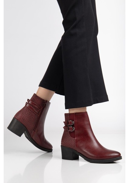 Bordo Kadın Topuklu Bot Hasır Detaylı Suni Deri Tokalı fiyatları