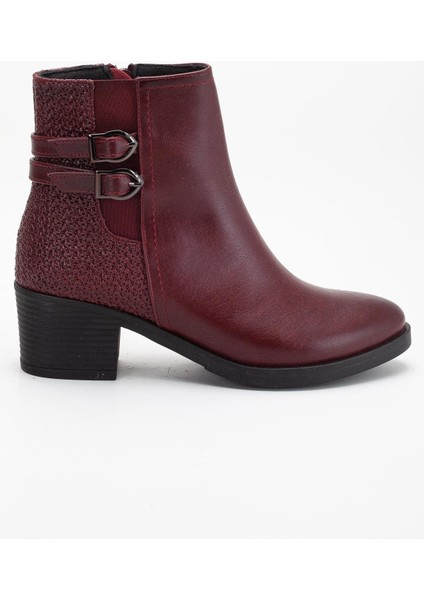Bordo Kadın Topuklu Bot Hasır Detaylı Suni Deri Tokalı modelleri