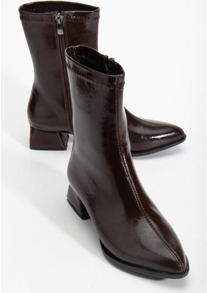 Kadın Kısa Topuklu Bot Kahve Rugan Yüzü Dikişli