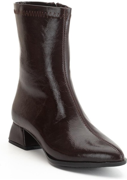 Kadın Kısa Topuklu Bot Kahve Rugan Yüzü Dikişli fırsatları