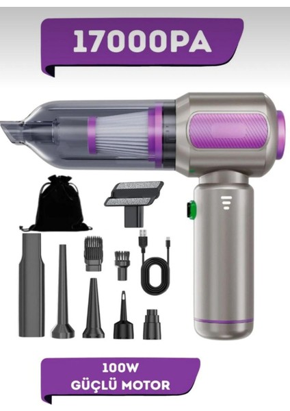 Kablosuz Araç Içi Süpürge, 17000PA Güçlü Vakum, Fırçasız Motor, Üfleme ve Vakum Özelliği