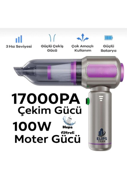 Kablosuz Araç Içi Süpürge, 17000PA Güçlü Vakum, Fırçasız Motor, Üfleme ve Vakum Özelliği