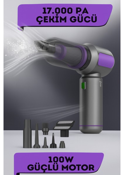 Kablosuz Araç Içi Süpürge, 17000PA Güçlü Vakum, Fırçasız Motor, Üfleme ve Vakum Özelliği