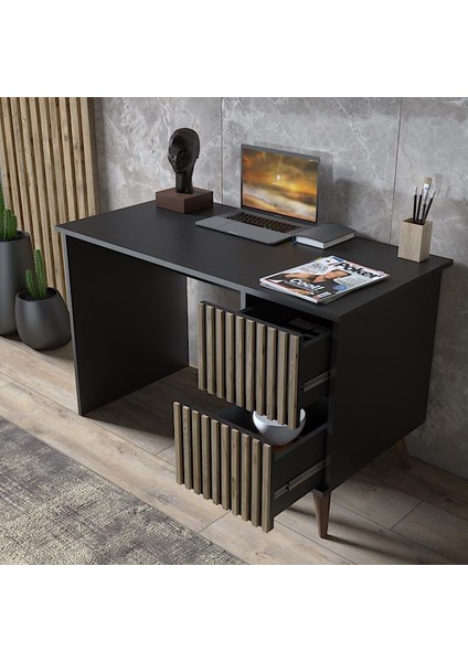Nova Zebra Desen 2 Çekmeceli Premium Çalışma Masası - Wood Siyah / Atlantik Çam fiyatları