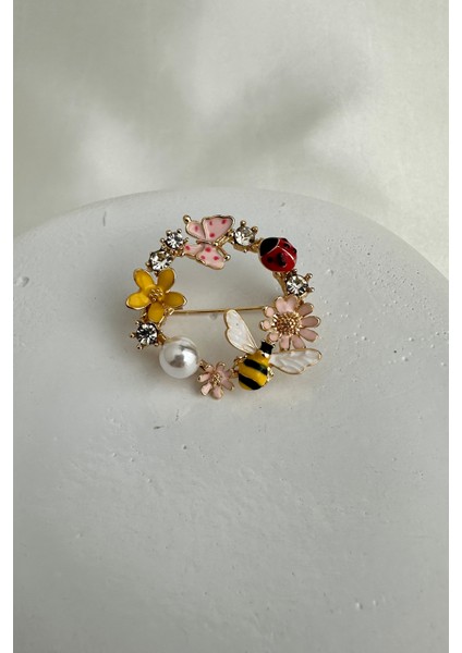 Altın Rengi U.böceği Kelebek Arı Detay Çelenk Broş (3cm)