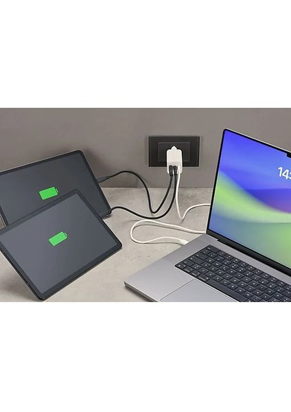 Cellularlıne Multipower 100 cm 5A Dayanıklı Örgü Usb-C Kablo + 65W Gan 3 Port Adaptör