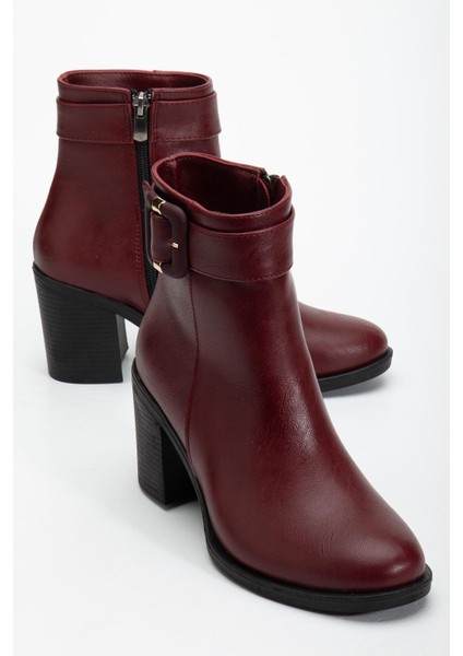 Bordo Kadın Topuklu Bot Suni Deri Terrmo Taban Yüzüdüz