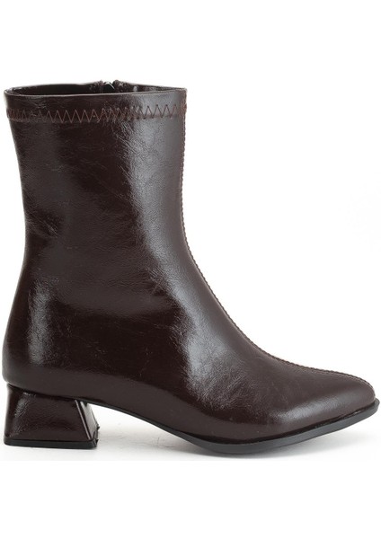 Kadın Kısa Topuklu Bot Kahve Rugan Yüzü Dikişli modelleri