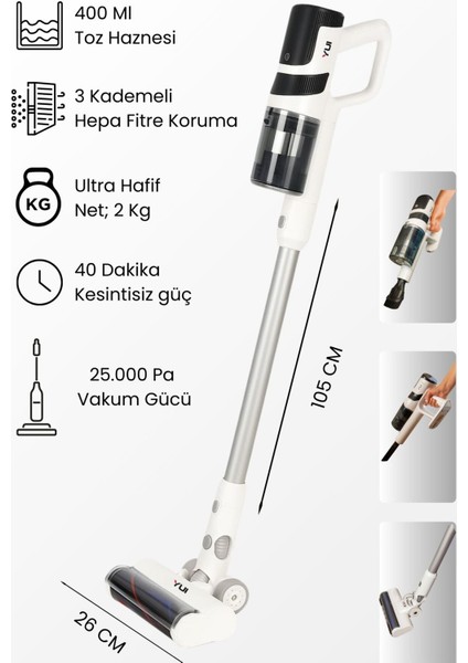 Kablosuz Dikey ve El Süpürgesi, 25.000 Pa, Şarjlı, Çok Işlevli, Hafif ve Pratik