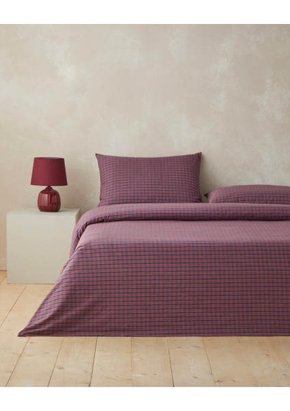 Tile Check Ipliği Boyalı Tek Kişilik Nevresim Takımı 160X220 cm Lacivert-Kırmızı