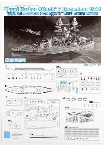 7127 1/700 Ölçek, U.s.s. Arizona Bb-39 Savaş Gemisi ve Ijn Type 97 (Kate) Bombardıman Uçağı Plastik Model Kiti fırsatları